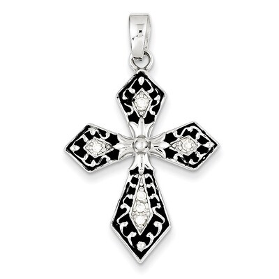 Sterling Silver Rhodium Plated Diamond Black Enamel Cross Pendant QC7314