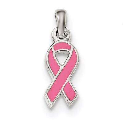 Pink Enameled Ribbon Pendant Sterling Silver Polished QC8568, MPN: QC8568, 191101457456