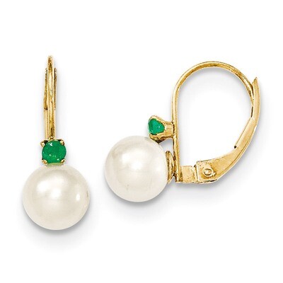 6-6.5mm White Cultured PEarringsl &amp; .07ct. Emerald Leverback Earrings 14k Gold XLB60E/PL, MPN: XLB6…