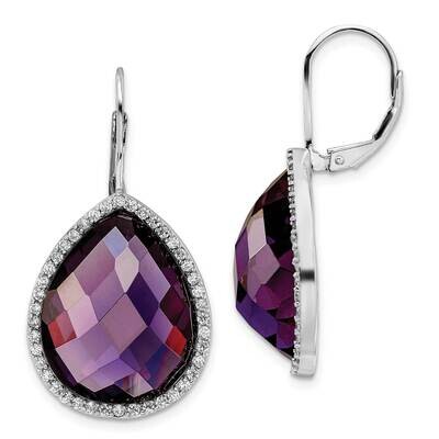 Cheryl M Large Purple CZ Diamond Checked Pear CZ Diamond Earrings Sterling Silver Rhodium-plated QC…