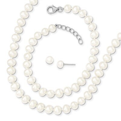 6-7mm Cultured Freshwater Pearl 18 2 Necklace 7 1 Brace Earring Set Sterling Silver Rhodium QH5181S…