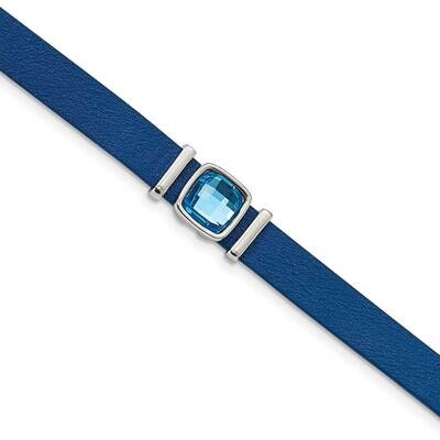 Blue Leather with Crystal with 1.75 Inch Extender 13In Choke Necklace Stainless Steel Polished SRN2…