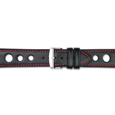 22mm Black Grand Prix Leather Red Stitch Silver-tone Buckle Watch Band  BAW372-22, MPN: BAW372-22,
