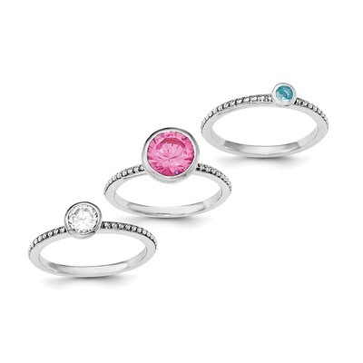 Pink &amp; White CZ Diamond and Blue Glass Ring Set Sterling Silver Rhodium-plated QR6311, MPN: QR6311,…