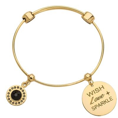 Nikki Lissoni Charm Bangle with Two Fixed Charms Jet Black Wish Love Sparkle Gold-plated 19cm B1142…
