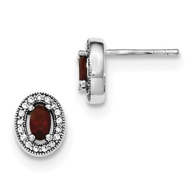 January Red &amp; White CZ Diamond Oval Post Earrings Sterling Silver Rhodium Polished QE12553, MPN: QE…