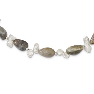 Labradorite &amp; Cultured Freshwater Keshi Pearl with 2 inch Extender Fancy Necklace 18 Inch Sterling …