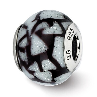 White Black with Glitter Overlay Glass Bead - Sterling Silver QRS2271, MPN: QRS2271, 883957513621