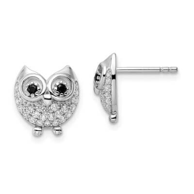 Black &amp; White CZ Diamond Owl Earrings Sterling Silver Rhodium-Plated QE15783, MPN: QE15783, 1969041…