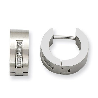 Synthetic Diamond Brushed &amp; Polished Round Hinged Hoop Earrings - Stainless Steel SRE353 by Chisel,…