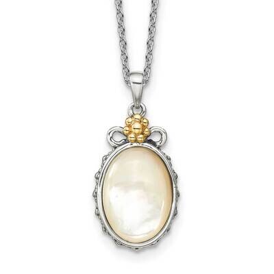 Sterling Silver with Accent Floral Oval Mother of Pearl Necklace 18 Inch 14k Gold QTC1745, MPN: QTC…
