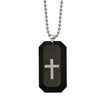 Solid Carbon Fiber &amp; CZ Cross DogTag Necklace Stainless Steel Polished SRN2627-24 by Chisel, MPN: S…
