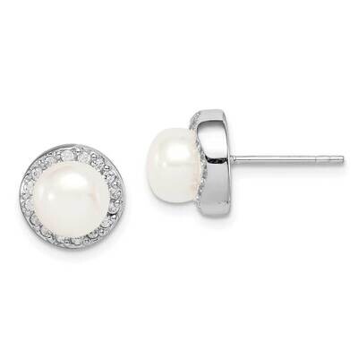 7-8mm White Button Freshwater Cultured Pearl CZ Diamond Earrings Sterling Silver Rhodium Plated QE1…