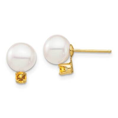 7-7.5mm White Round Freshwater Cultured Pearl Citrine Post Earrings 14k Gold XF753E_CI, MPN: XF753E…