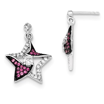 Synthetic Ruby &amp; CZ Dangle Post Earrings Sterling Silver QE12508