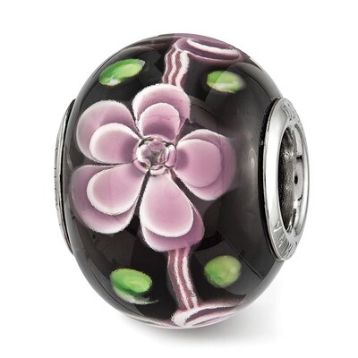 Pink and Green Floral Black Glass Bead Sterling Silver QRS3828, MPN: QRS3828,