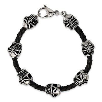 Leather Skull Bracelet Stainless Steel Polished Antiqued SRB1661-8.5 by Chisel, MPN: SRB1661-8.5, 1…