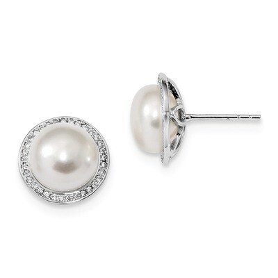10-11mm Button Cultured Freshwater Pearl CZ Diamond Post Earrings Sterling Silver Rhodium-plated QE…