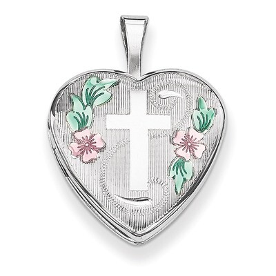 16mm Diamond-cut &amp; Enameled Cross &amp; Flowers Heart Locket Sterling Silver QLS381, MPN: QLS381, 88395…