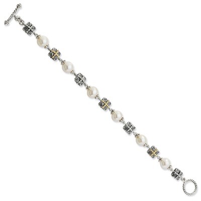 9-10mm Fresh Water Cultured Pearl 8 Inch Bracelet Sterling Silver &amp; 14k Gold QTC293
