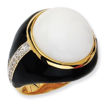 Gold-Plated Black Enam Simulated Wht Agate &amp; Cz Ring Sterling Silver QCM538-6