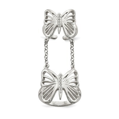 CZ Diamond Butterfly Double Finger Ring Sterling Silver Polished QR6660, MPN: QR6660, 883957962337