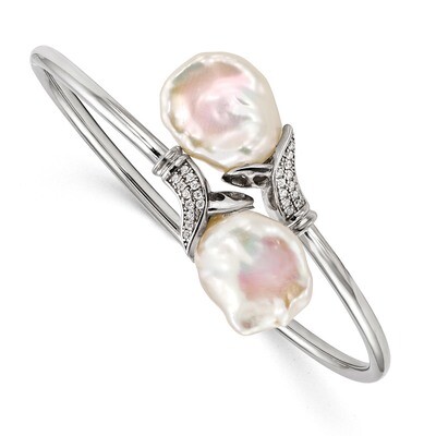 Sterling Silver Rhodium-plated 16-17mm White Keshi Cultured Freshwater Pearl CZ Diamond Flexible Ba…