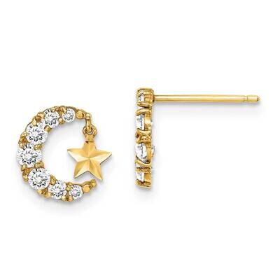Crescent Moon with Diamond-cut Star Dangle Post Earrings 14k Gold CZ Diamond GK1028 by Madi K, MPN:…