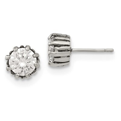 CZ Post Earrings Stainless Steel Antiqued Polished SRE1244 by Chisel, MPN: SRE1244, 191101499937
