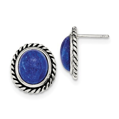 Sterling Silver Polished Antiqued Lapis Cabochon Post Earrings Sterling Silver Polished QE12584, MP…