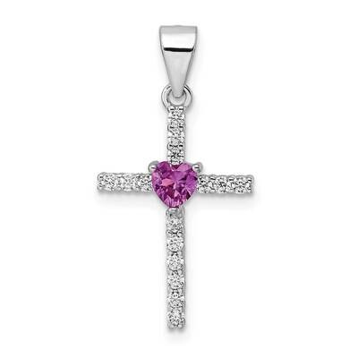 Pink CZ Diamond Heart and Clear CZ Diamond Cross Pendant Sterling Silver Rhodium-Plated QC11153, MP…