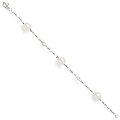 10-11Mm White Shell Bead &amp; CZ Station Bracelet Sterling Silver QMJB103W-7.5, MPN: QMJB103W-7.5, 886…