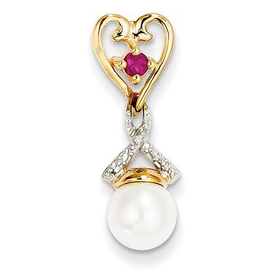 Diamond 8-9mm Round Cultured Pearl Created African Ruby Pendant 14k Gold XP4166, MPN: XP4166, 88395…