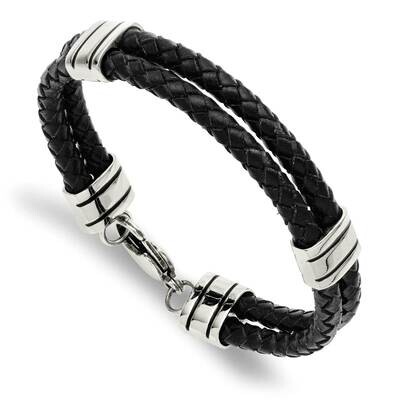 Black Leather 9 Inch Bracelet Stainless Steel SRB869-9 by Chisel, MPN: SRB869-9, 886774672557