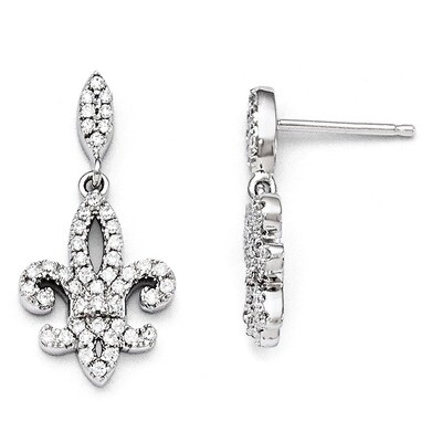 Fleur De Lis Dangle Post Earrings Sterling Silver &amp; Cubic Zirconia QMP694, MPN: QMP694, 886774559322