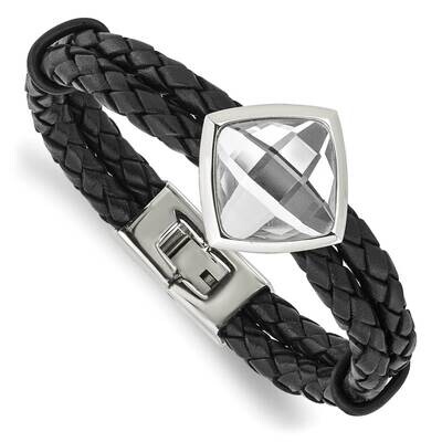 Glass Stone Braided Leather 8 Inch Bracelet Stainless Steel Polished SRB2882-8, MPN: SRB2882-8, 191…