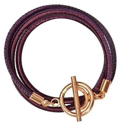 Nikki Lissoni Aubergine Leather Cord Wrap Bracelet with Gold-Plated T-Bar Closure Charms Size Mediu…