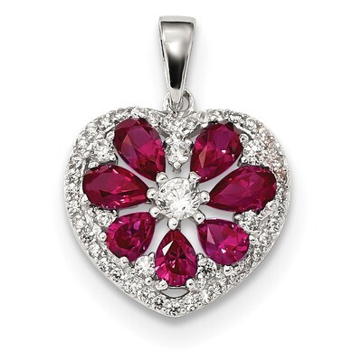 CZ Diamond and Syn. Ruby Heart Pendant Sterling Silver Polished QP4278, MPN: QP4278,