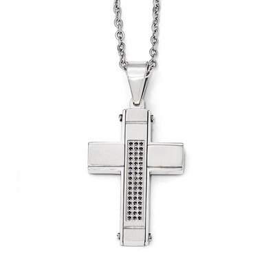 Brushed and Polished with Black Synthetic Diamond Cross Necklace - Stainless Steel SRN1980-24 by Ch…