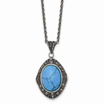 Simulated Turquoise Marcasite Antiqued Necklace Stainless Steel SRN1374-18 by Chisel, MPN: SRN1374-…