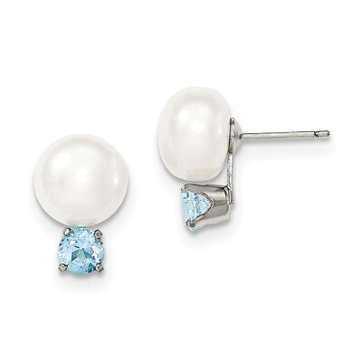 10-11mm Freshwater Cultured Button Pearl with Blue Topaz Earrings Sterling Silver QE12800, MPN: QE1…