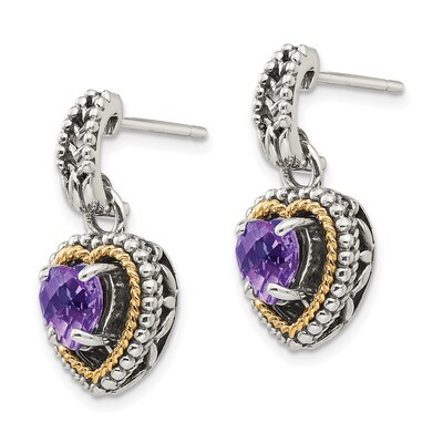 Amethyst Heart Post Dangle Earrings Sterling Silver &amp; 14k Gold Antiqued QTC951, MPN: QTC951, 191101…