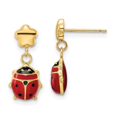 Enameled Flower with Ladybug Post Dangle Earrings 14k Gold Polished YE2089, MPN: YE2089, 1911017863…