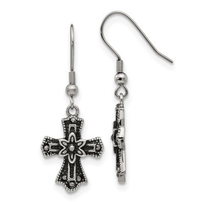 Black Crystal Cross Shepherds Hook Earrings Antiqued Stainless Steel SRE951 by Chisel, MPN: SRE951,…