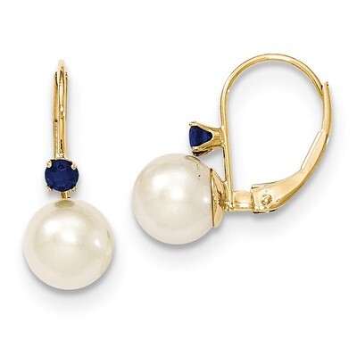 7-7.5mm White Cultured PEarringsl &amp; .13ct. Sapphire Leverback Earrings 14k Gold XLB70S/PL, MPN: XLB…
