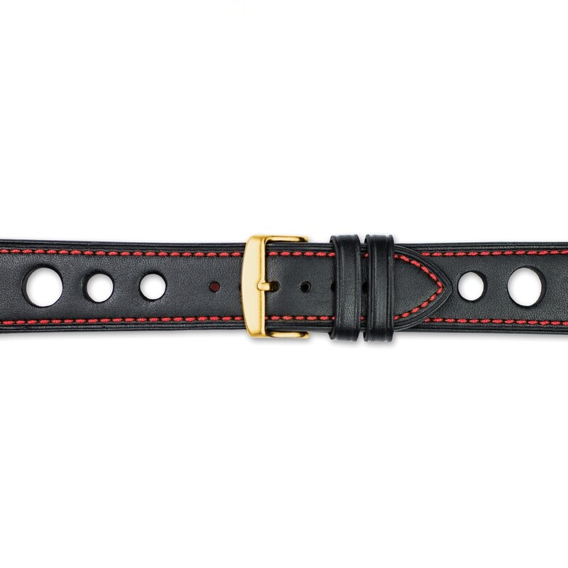 20mm Black Grand Prix Leather Red Stitch Gold-tone Buckle Watch Band  BA372-20, MPN: BA372-20,