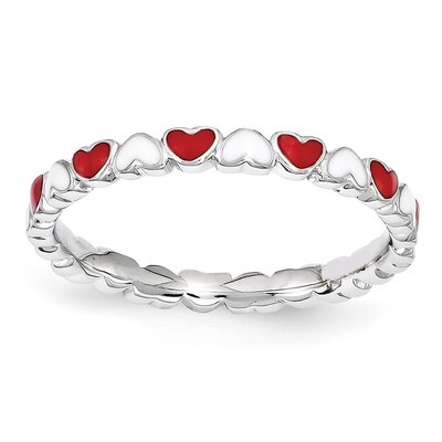 Red &amp; White Enamel Heart Ring - Sterling Silver QSK1497, MPN: QSK1497, 886774205281