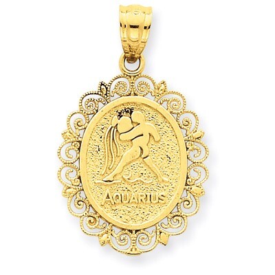 Polished Aquarius Zodiac Oval Pendant 14k Gold Solid Satin C2853, MPN: C2853, 883957017242