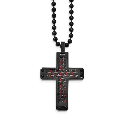 Black IP Black Red Carbon Fiber Inlay Cross Necklace Stainless Steel Polished SRN2047-22 by Chisel,…