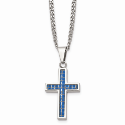 Blue Carbon Fiber Inlay Polished Small Cross Necklace Stainless Steel SRN1301-20 by Chisel, MPN: SR…